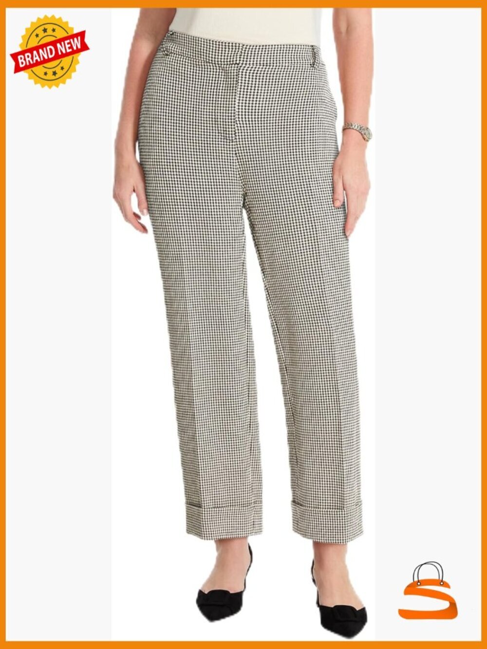 Houndstooth Cropped Cuff Pants - Mid Rise, Zipper Closure, Dry Clean Only